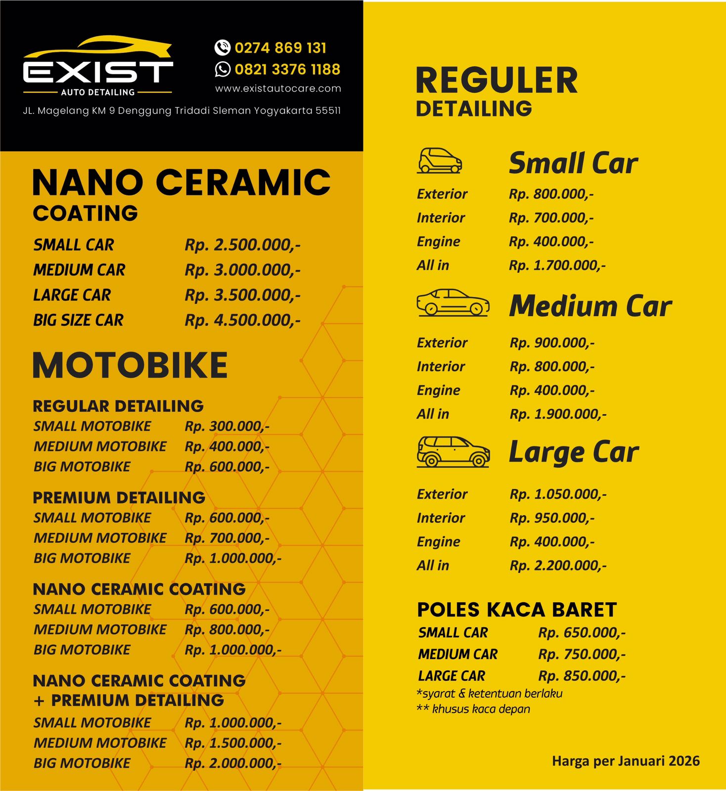 Daftar harga layanan exist autodetailing salon mobil jogja